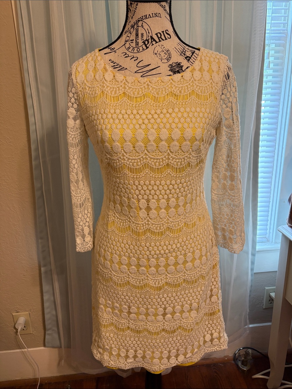 Gianni Bini White Lace Overlay Dress with Yellow Underlay